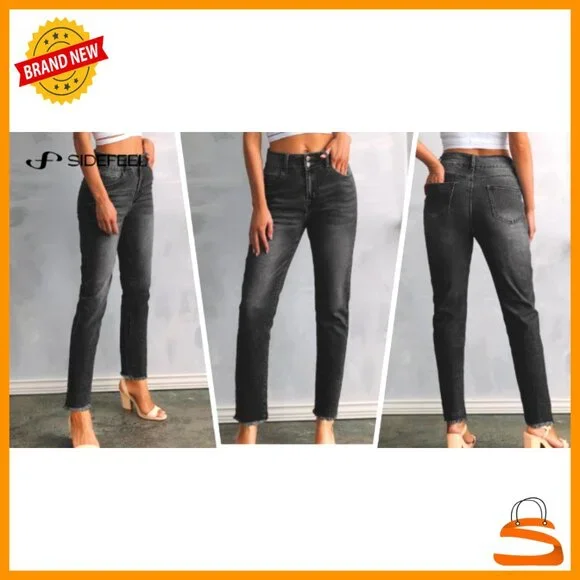 High Waisted Stretch Jeans Raw Hem Straight Leg Ankle Pants with Pockets